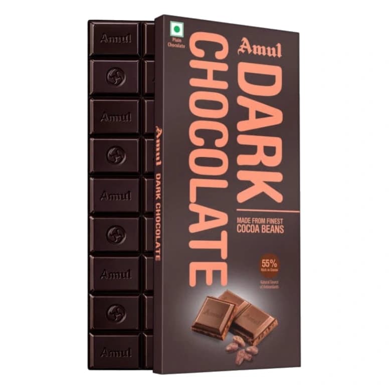 Amul 55% Cocoa Dark Chocolate Bar pack, front view