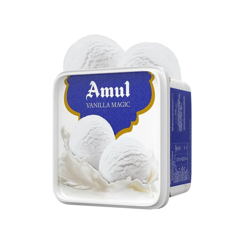 Amul Vanilla Magic ice cream tub, front view