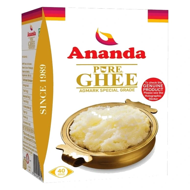 Ananda Pure Ghee carton, front view