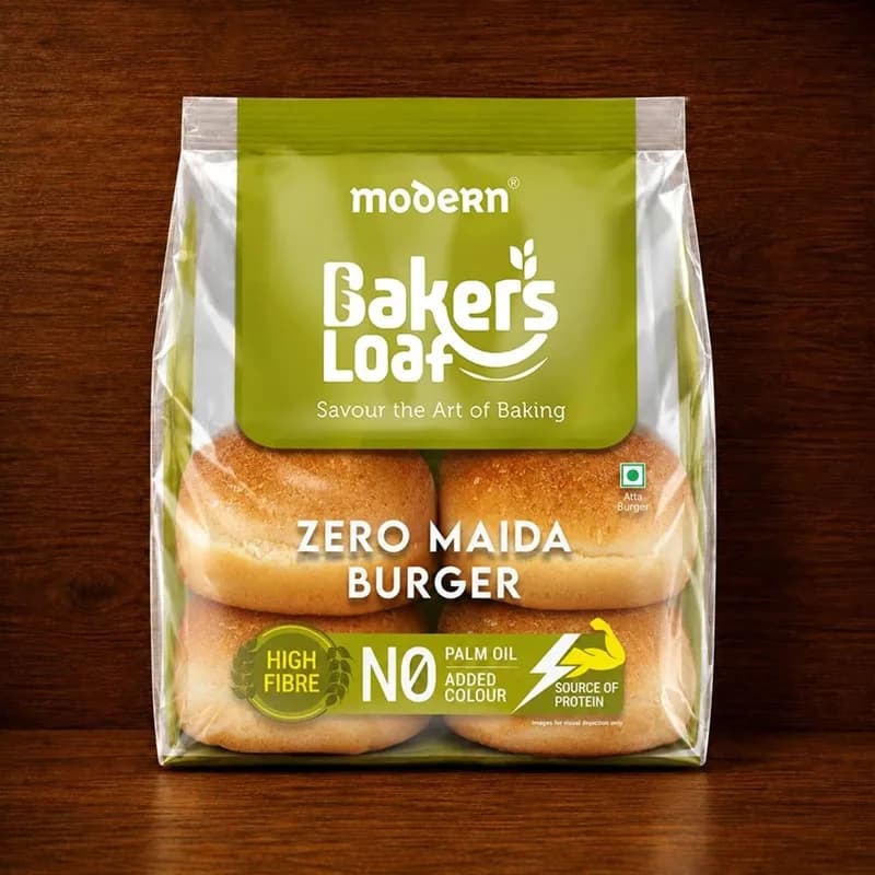 Baker's Loaf Zero Maida Burger Bun pack, front view