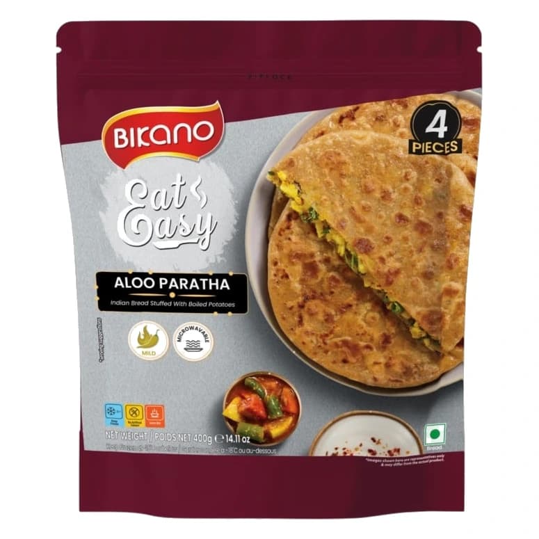 Bikano Heat & Eat Frozen Aloo Paratha pack, front view