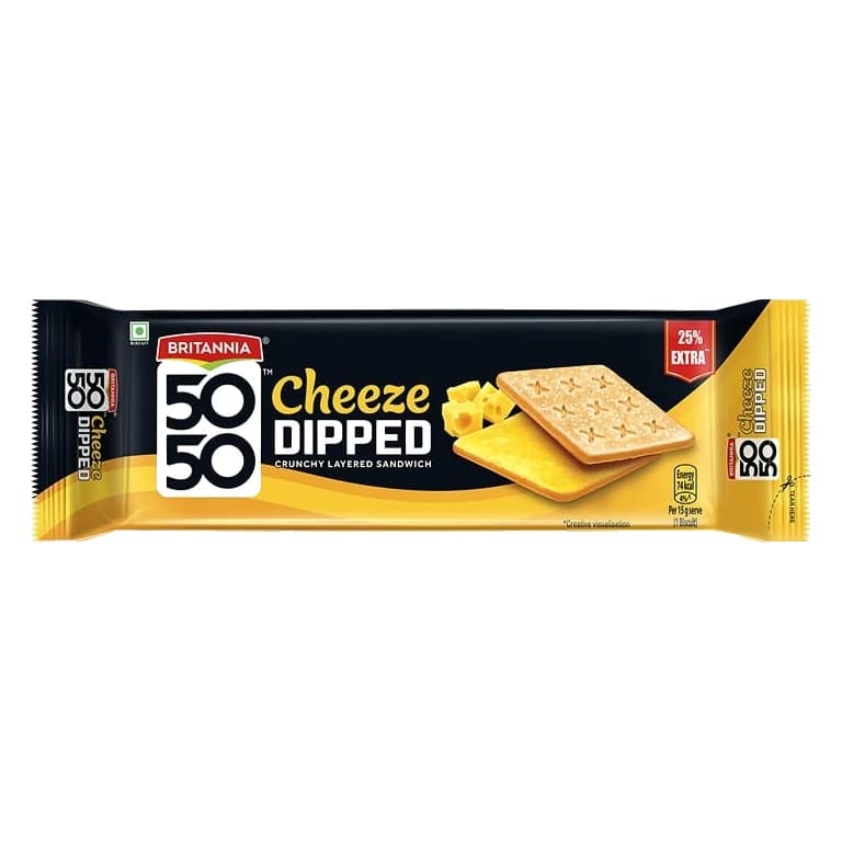 Britannia 5050 Cheeze Dipped biscuit pack, front view