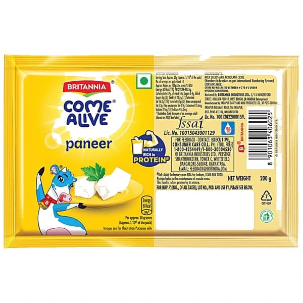 Britannia Come Alive Paneer pack, front view