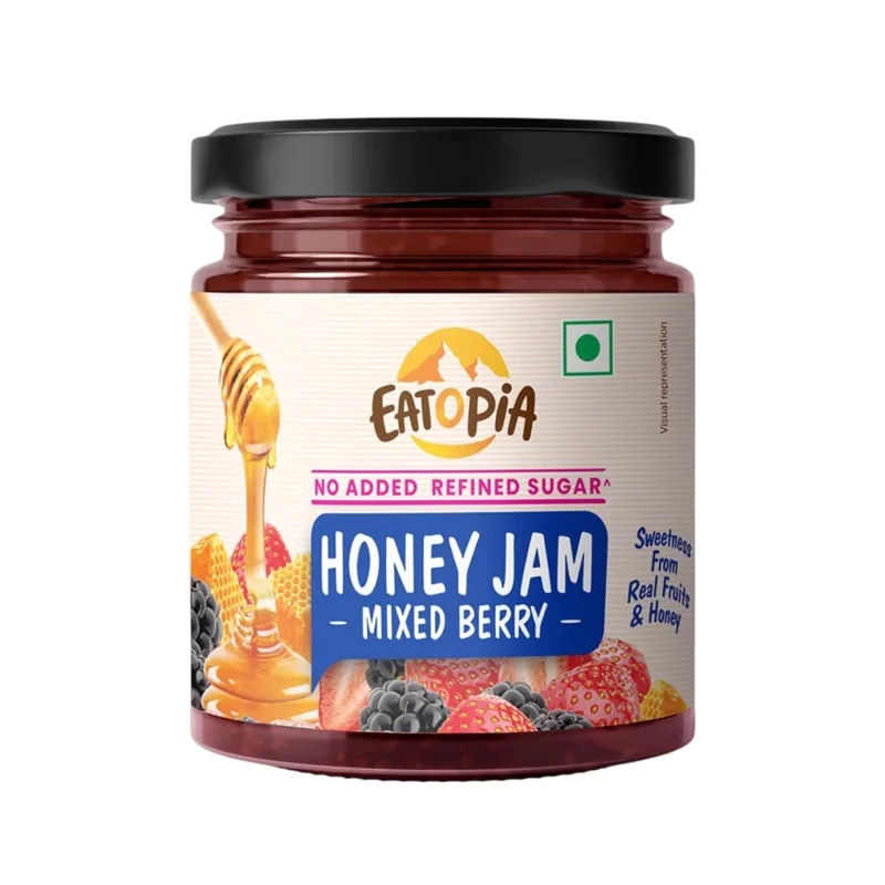 Eatopia Mixed Berry Honey Jam jar, front view