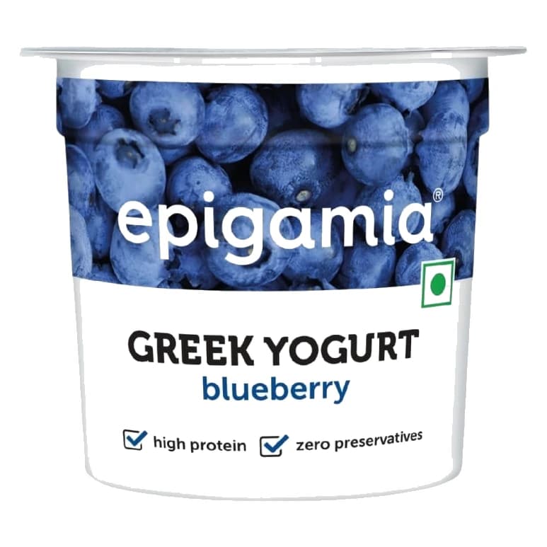 Epigamia Blueberry Flavoured Yogurt pack, front view