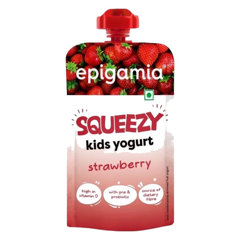 Epigamia Kids Strawberry Flavoured Yogurt pack, front view