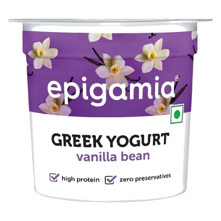 Epigamia Vanilla Bean Flavoured Greek Yogurt pack, front view