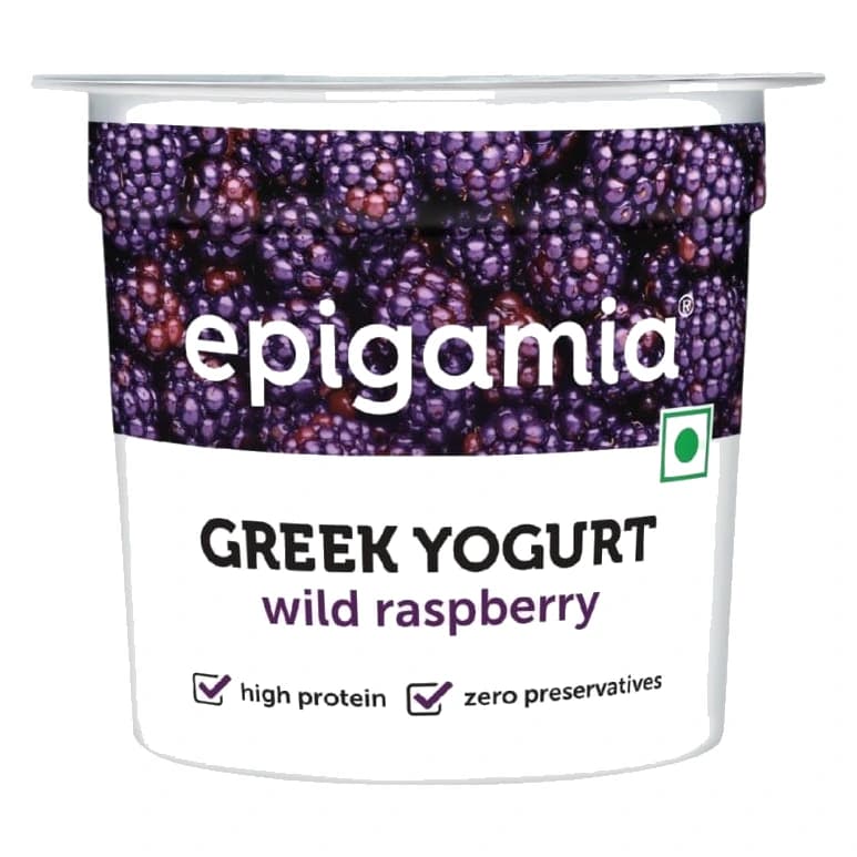 Epigamia Wild Raspberry Flavoured Greek Yogurt pack, front view
