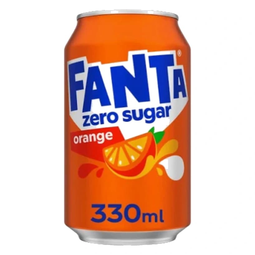 Fanta Orange Zero Sugar Soft Drink can, front view