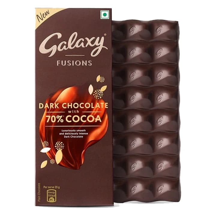 Galaxy Fusions Dark Chocolate Bar with 70% Cocoa pack, front view