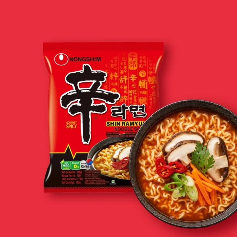 Nongshim Shin Ramyun Spicy instant noodles pack, front view