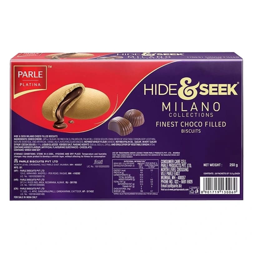 Parle Hide & Seek Milano Centre Filled Cream Biscuits pack, front view