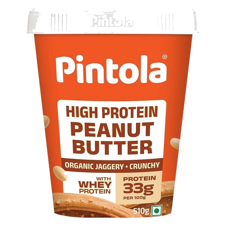 Pintola High Protein Jaggery Crunchy Peanut Butter jar, nutrition panel