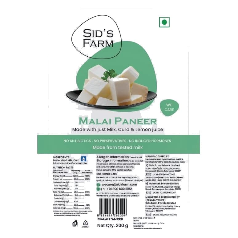 Sid's Farm Natural Malai Paneer pack, front view