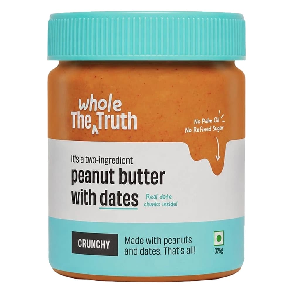 The Whole Truth Sweetened Crunchy Peanut Spread with Dates jar, front view