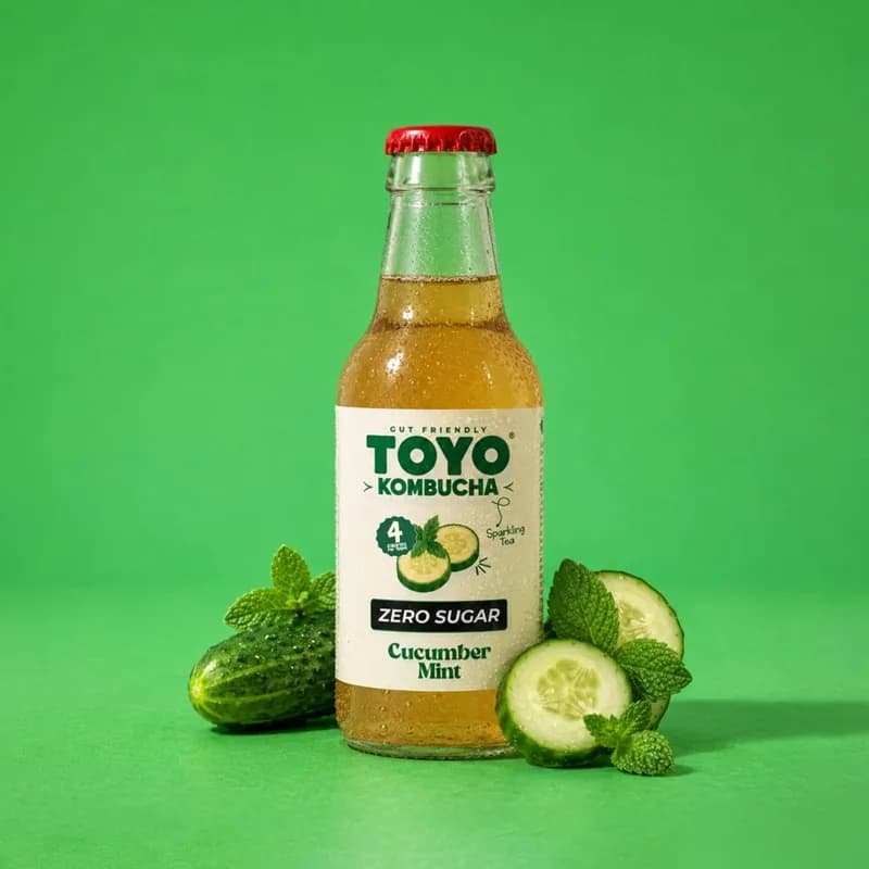 Toyo Kombucha Cucumber Mint bottle, front view
