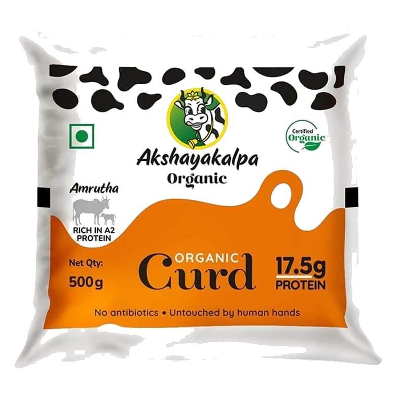 Akshayakalpa Organic Amrutha Organic Pouch Curd pack, front view