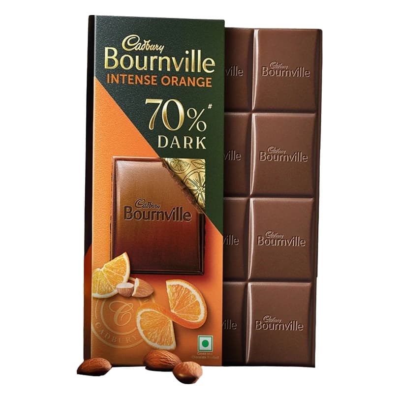 Cadbury Bournville Intense Orange 70% Dark Chocolate Bar pack, front view