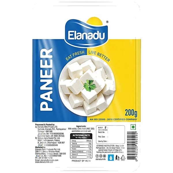 Elanadu Fresh Paneer pack, front view