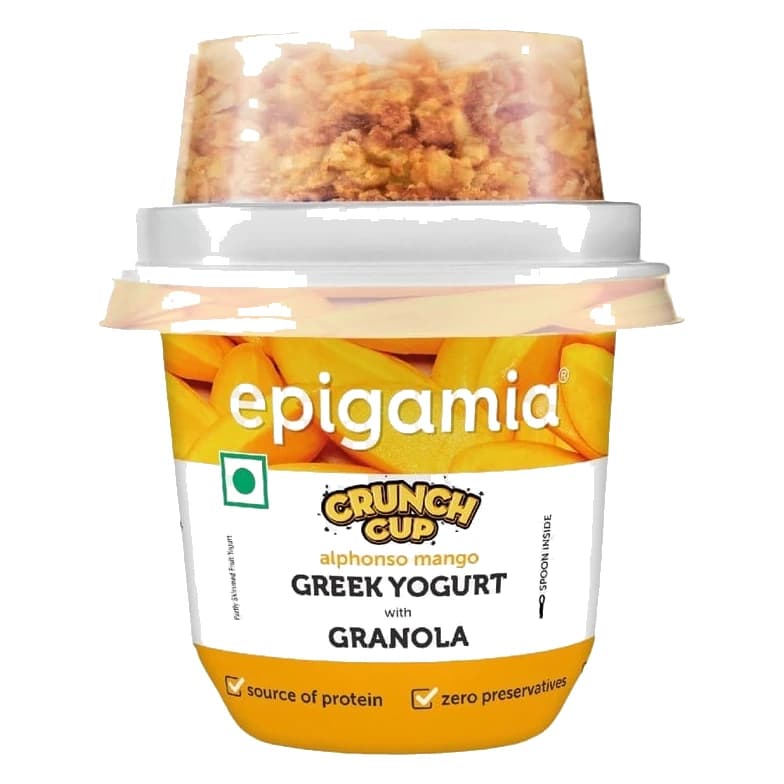 Epigamia Mango Crunch Flavoured Greek Yogurt with Granola pack, front view