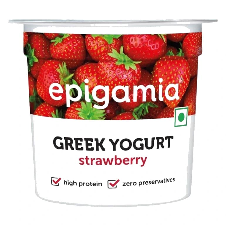 Epigamia Strawberry Flavoured Yogurt pack, front view