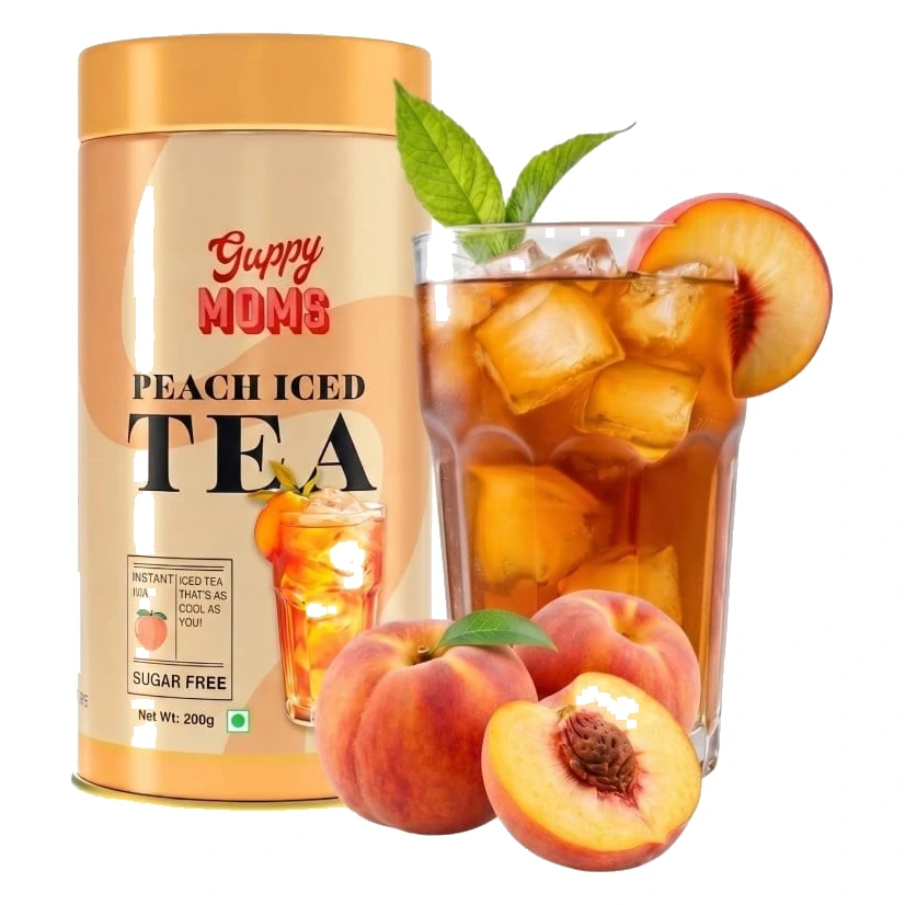 Guppy Moms Sugar Free Peach Ice Tea Premix pack, front view