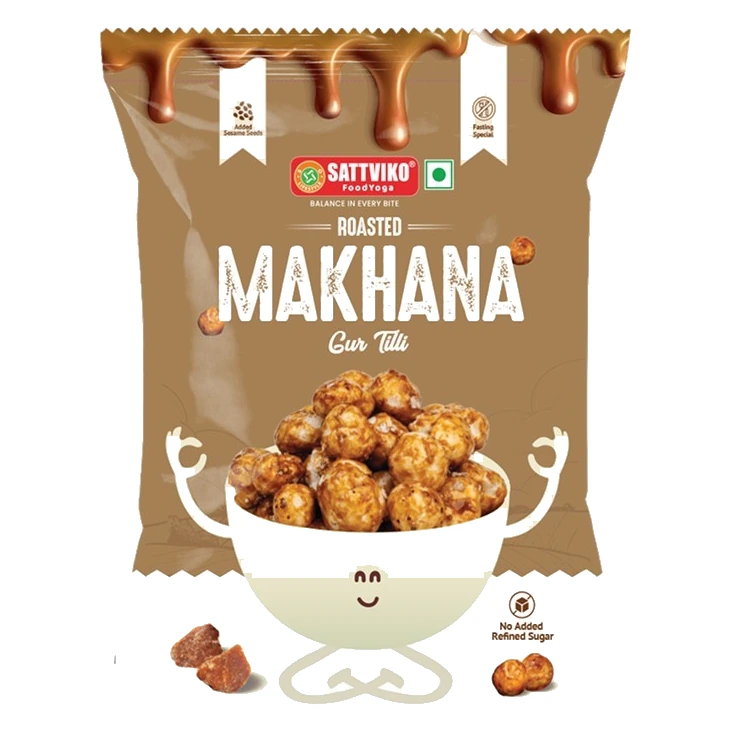 Sattviko Gur (Jaggery) Roasted Flavoured Makhana pack, front view